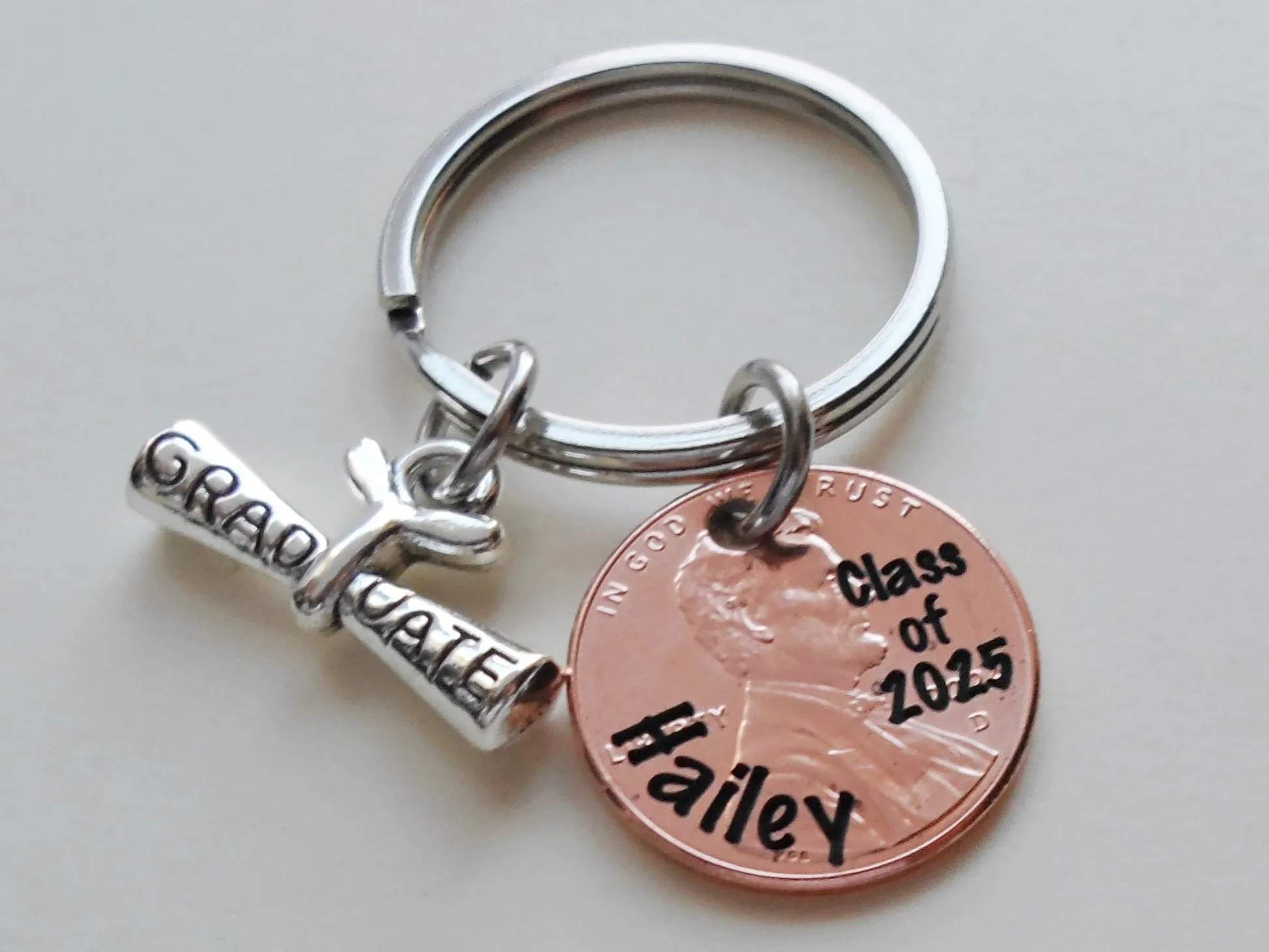 Custom Engraved "Class of 2025" and Name on Penny Keychain with Gradute Scroll Charm, Personalized Graduate Keychain, For Graduation