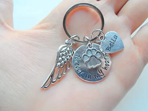 Custom Forever in My Heart Disc with Paw & Wing Charm Keychain, Pet Loss Gift, With Custom Engraved Heart Tag, Dog Memorial Keychain