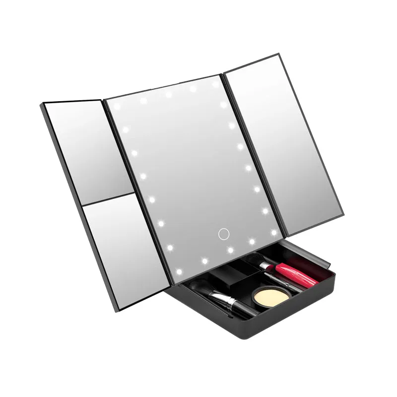 Customizable logo, LED desktop makeup mirror with storage case, three-fold beauty mirror