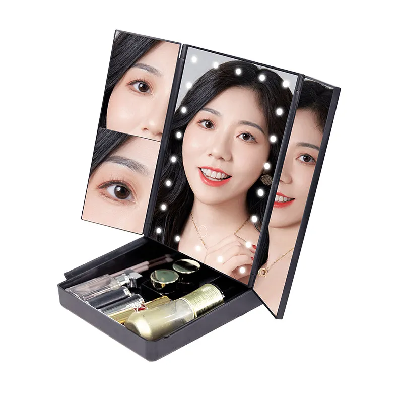 Customizable logo, LED desktop makeup mirror with storage case, three-fold beauty mirror