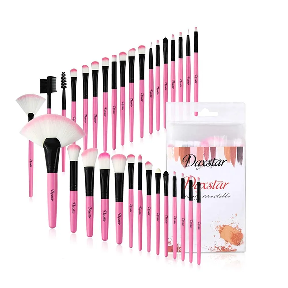 Daxstar Makeup Brushes 32pcs, Premium Orange Pink Brush Set for Full Make-up Blush Concealer Highlight Contour Lip Brush Multiple Style Girlish Beauty Tools Portable Travel Set Professional