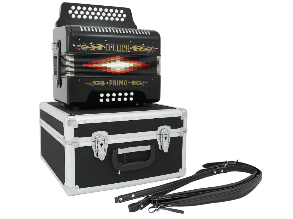 D'Luca Primo Button Accordion 31 Keys 12 Bass on GCF Key with Case and Straps, Black