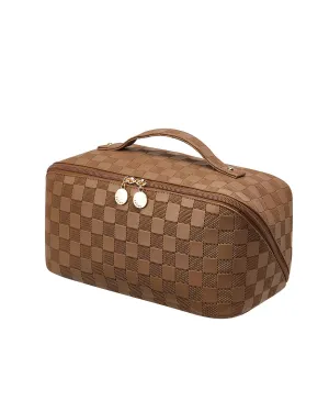 EACHY Travel Makeup Bag, Large Capacity Cosmetic Bags for Women, Waterproof Portable Open Flat Toiletry Bag Make up Bag with Divider and Handle, Gifts for Women (LD-Brown, Large)