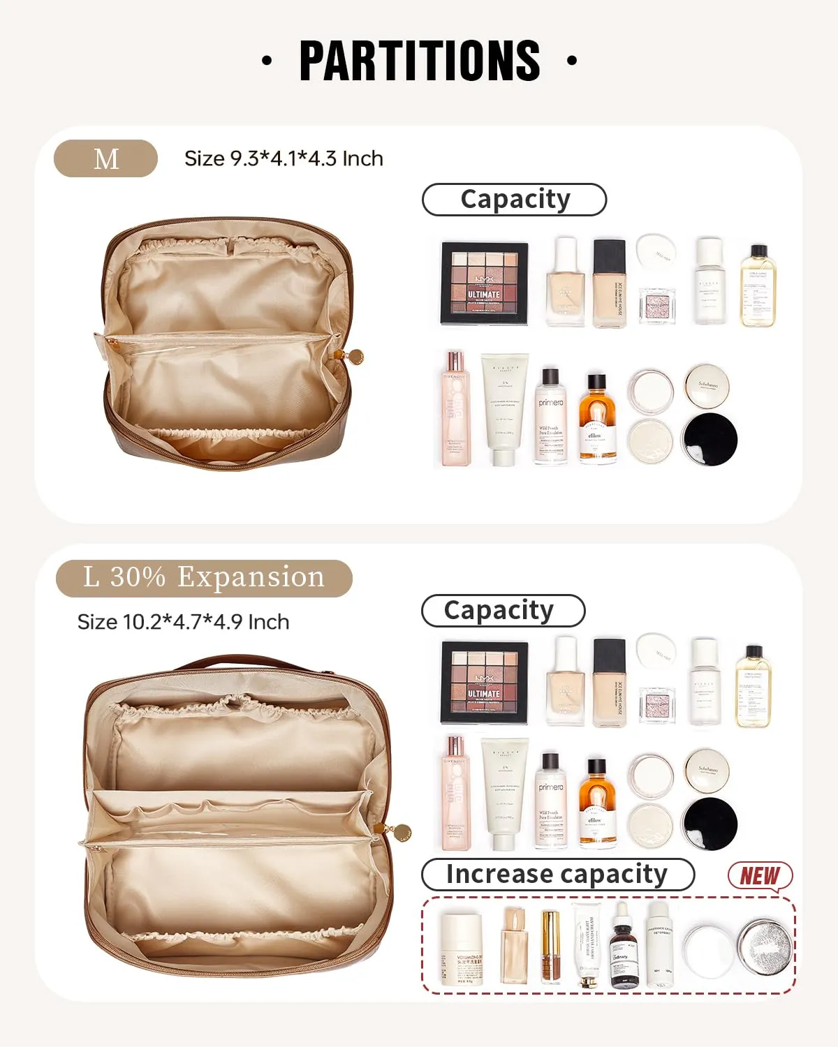 EACHY Travel Makeup Bag, Large Capacity Cosmetic Bags for Women, Waterproof Portable Open Flat Toiletry Bag Make up Bag with Divider and Handle, Gifts for Women (LD-Brown, Large)