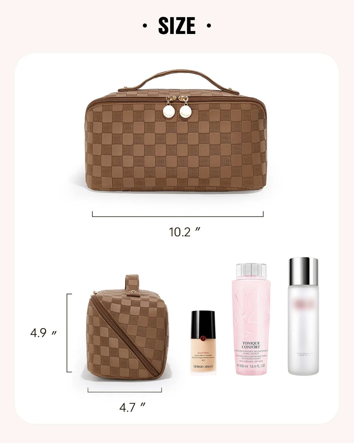 EACHY Travel Makeup Bag, Large Capacity Cosmetic Bags for Women, Waterproof Portable Open Flat Toiletry Bag Make up Bag with Divider and Handle, Gifts for Women (LD-Brown, Large)