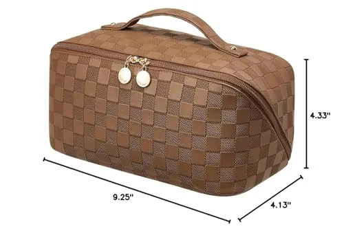 EACHY Travel Makeup Bag, Large Capacity Cosmetic Bags for Women, Waterproof Portable Open Flat Toiletry Bag Make up Bag with Divider and Handle, Gifts for Women (LD-Brown, Large)