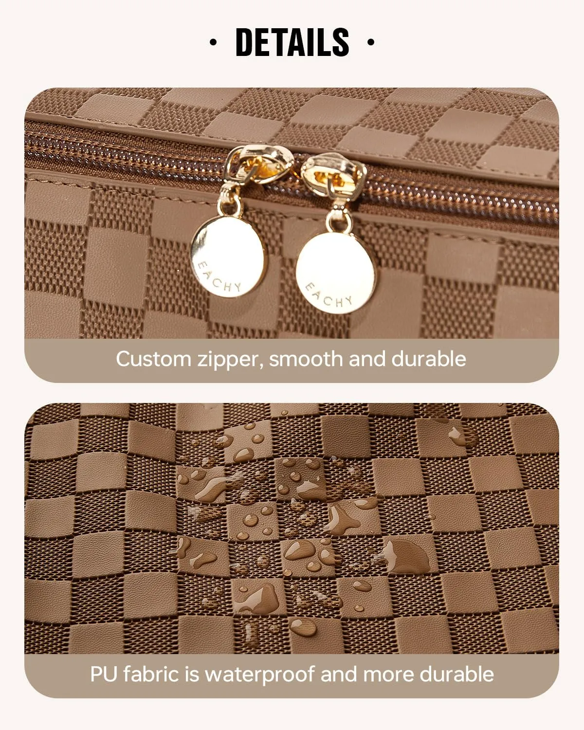 EACHY Travel Makeup Bag, Large Capacity Cosmetic Bags for Women, Waterproof Portable Open Flat Toiletry Bag Make up Bag with Divider and Handle, Gifts for Women (LD-Brown, Large)