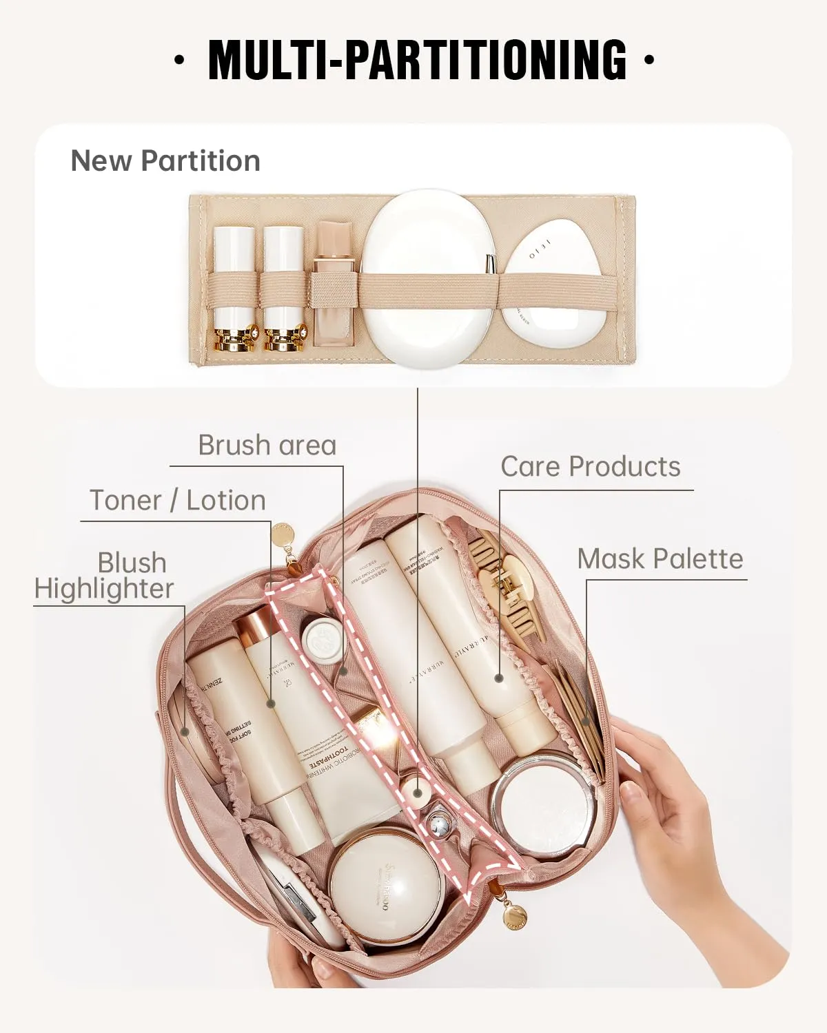 EACHY Travel Makeup Bag, Large Capacity Cosmetic Bags for Women, Waterproof Portable Open Flat Toiletry Bag Make up Bag with Divider and Handle, Gifts for Women (Pink, Large)