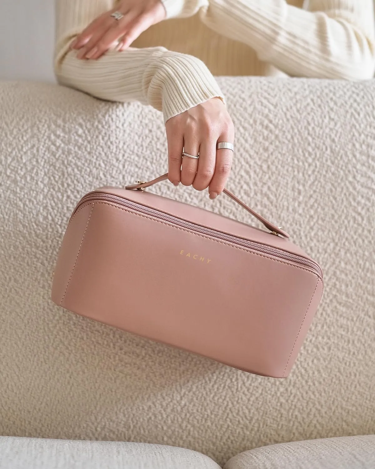 EACHY Travel Makeup Bag, Large Capacity Cosmetic Bags for Women, Waterproof Portable Open Flat Toiletry Bag Make up Bag with Divider and Handle, Gifts for Women (Pink, Large)