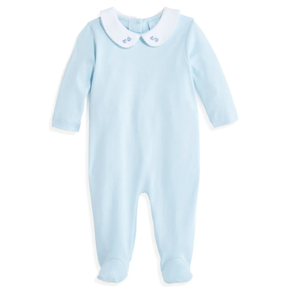 Embroidered Collared Pima Footie -- Blue w/ Blue Hearts