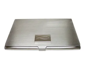 Etched Silver Toned Religious Ichthys Fish Business Card Holder