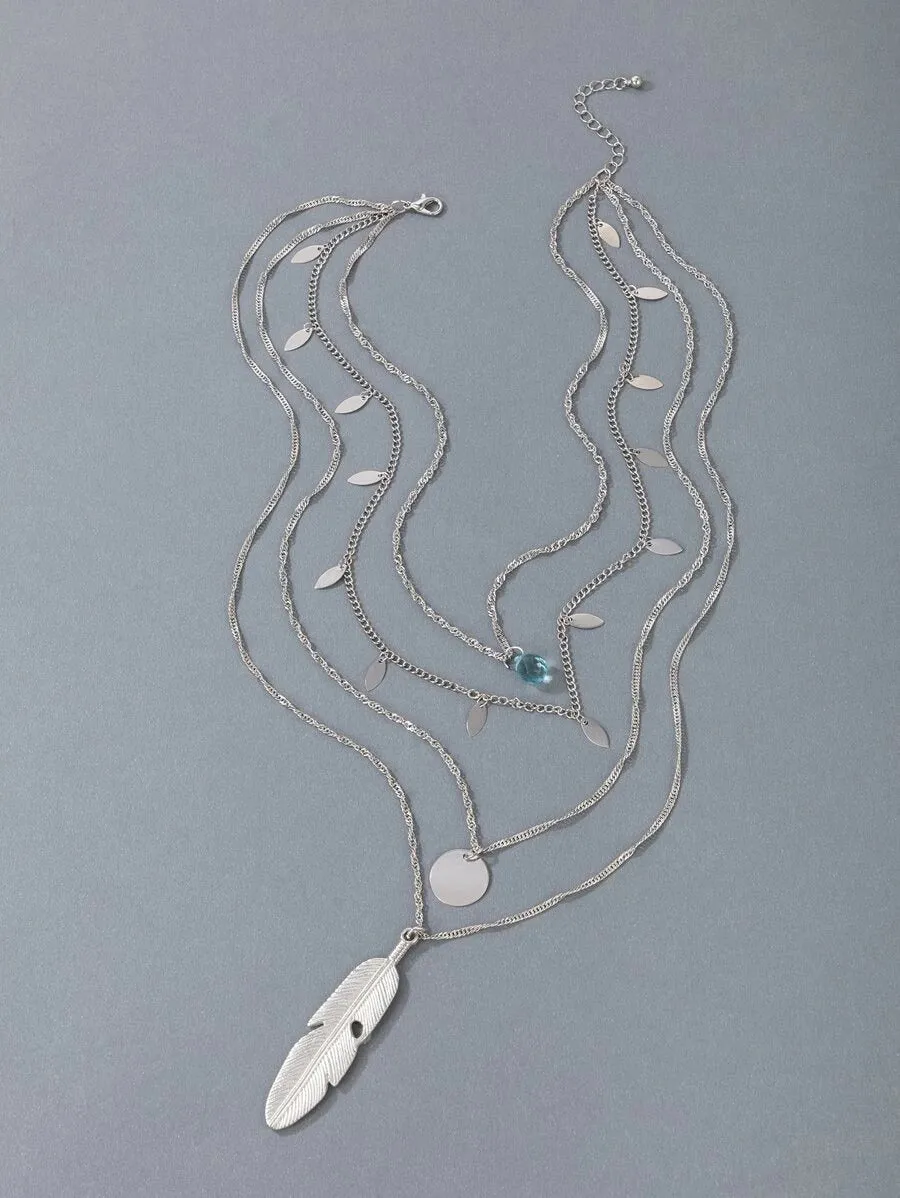 Feather & Rhinestone Charm Layered Necklace  - Silver - FD ⚡