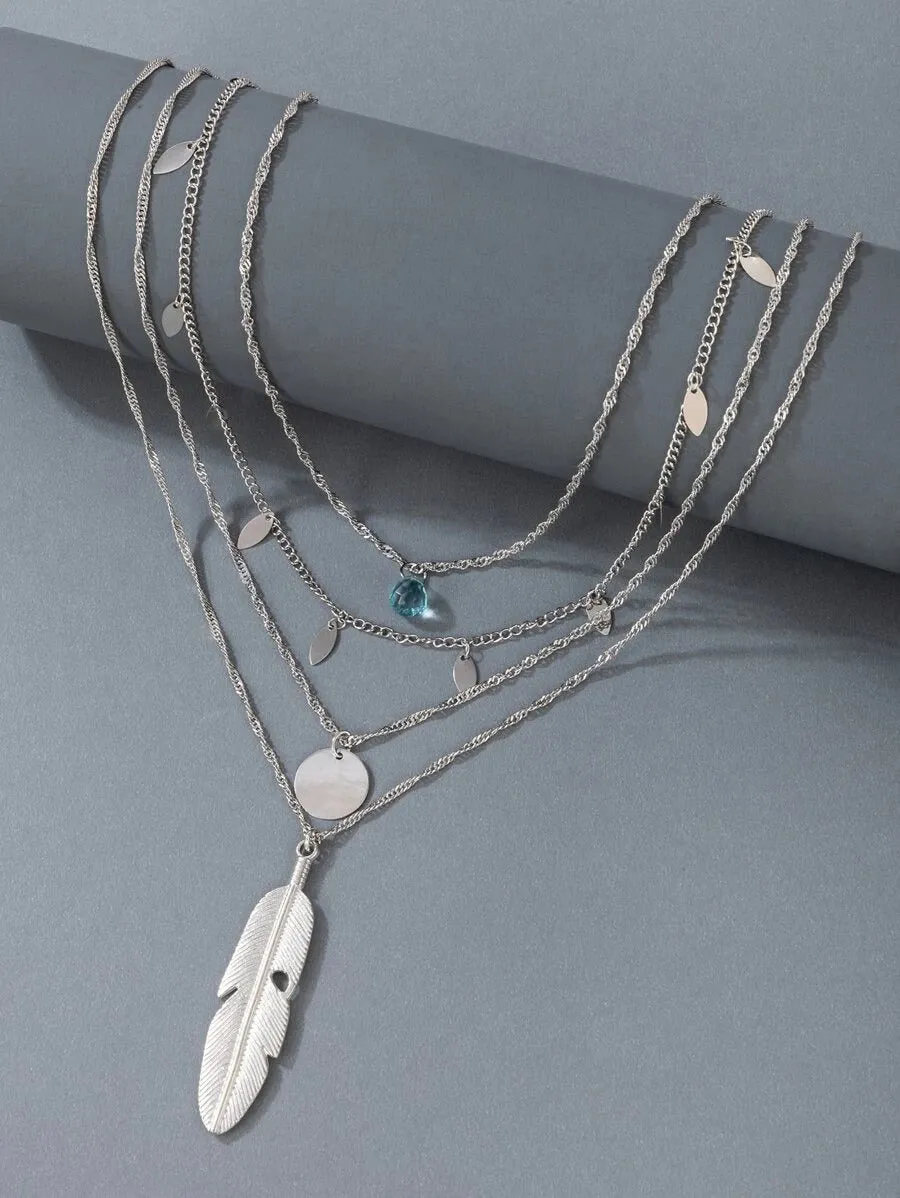 Feather & Rhinestone Charm Layered Necklace  - Silver - FD ⚡