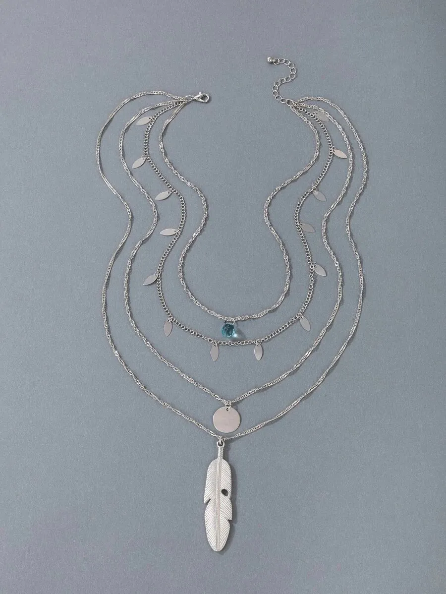 Feather & Rhinestone Charm Layered Necklace  - Silver - FD ⚡