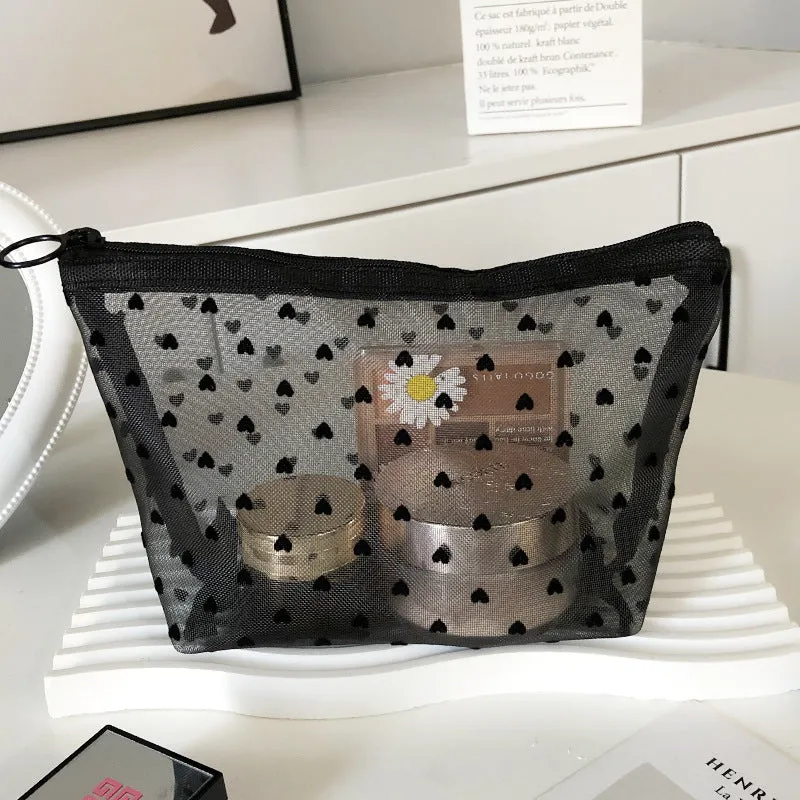 Flocking Pink Mesh Heart Portable Wash Cosmetic Bags