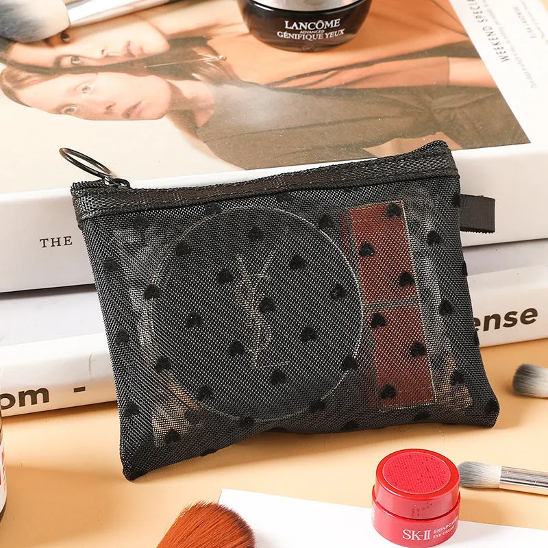 Flocking Pink Mesh Heart Portable Wash Cosmetic Bags