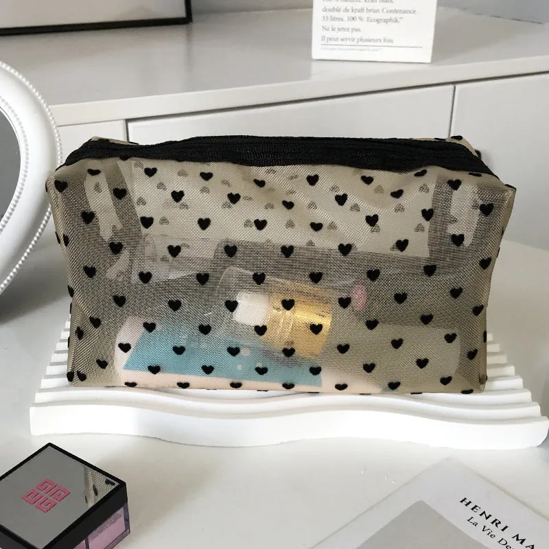 Flocking Pink Mesh Heart Portable Wash Cosmetic Bags