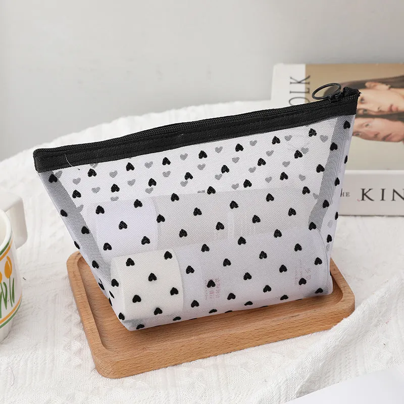 Flocking Pink Mesh Heart Portable Wash Cosmetic Bags