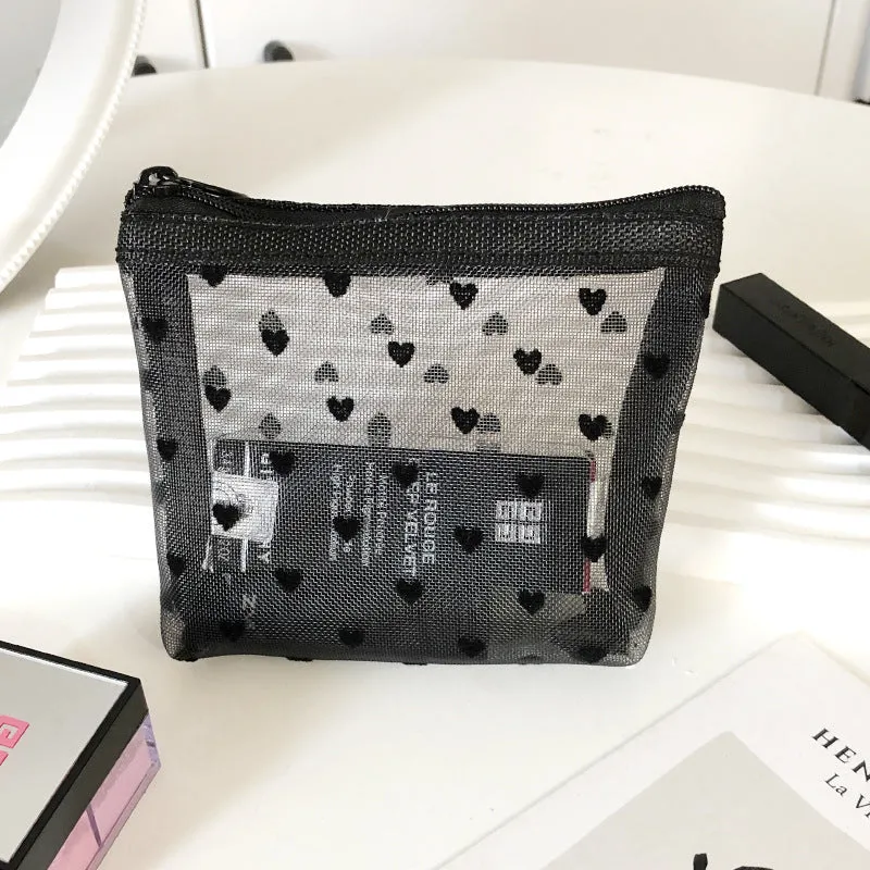 Flocking Pink Mesh Heart Portable Wash Cosmetic Bags