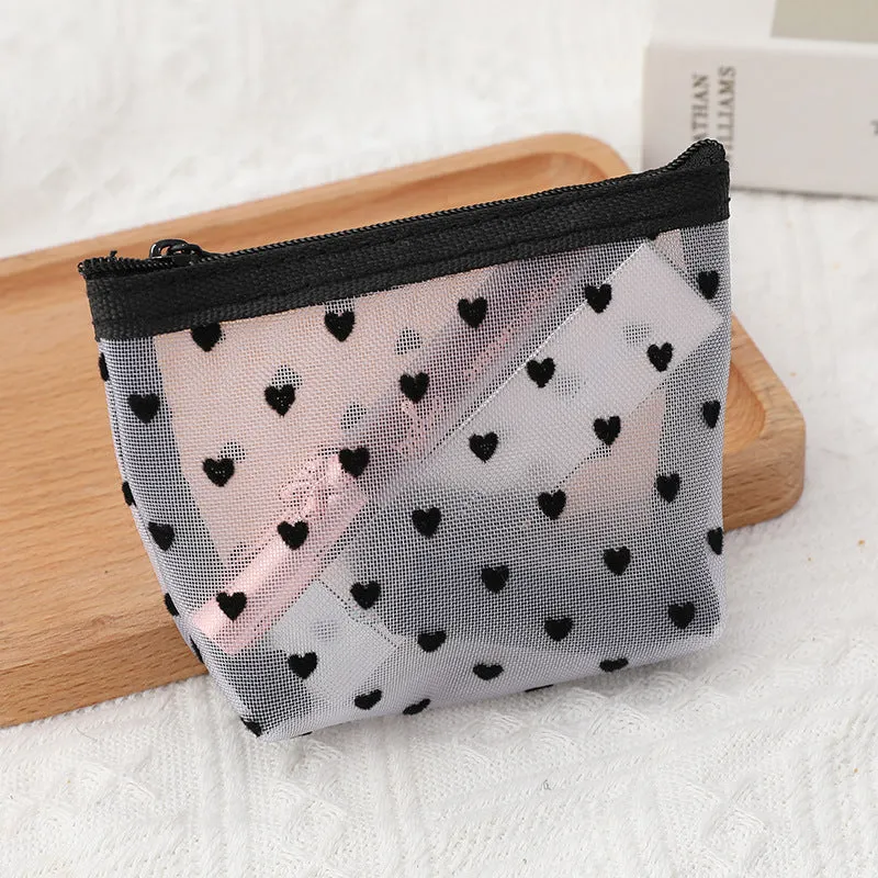 Flocking Pink Mesh Heart Portable Wash Cosmetic Bags