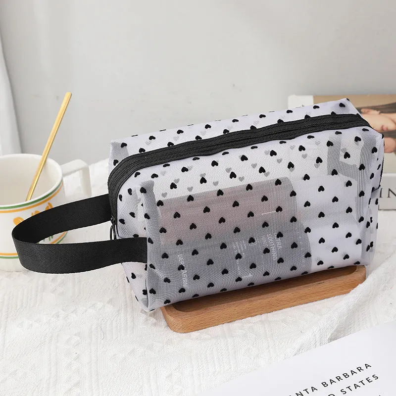 Flocking Pink Mesh Heart Portable Wash Cosmetic Bags