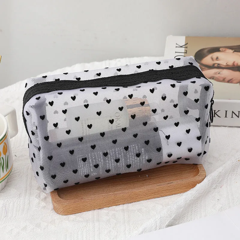 Flocking Pink Mesh Heart Portable Wash Cosmetic Bags