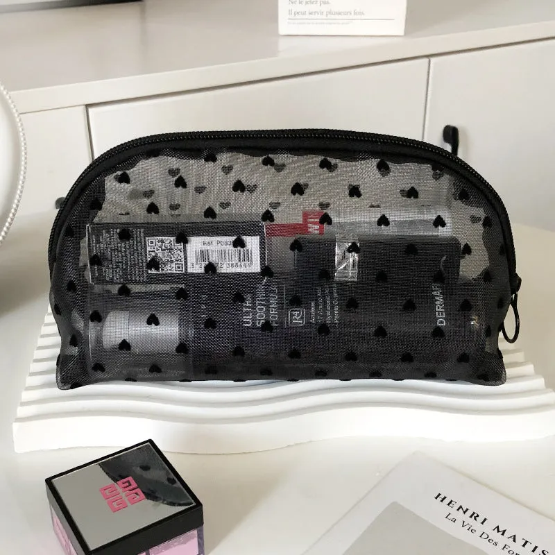 Flocking Pink Mesh Heart Portable Wash Cosmetic Bags