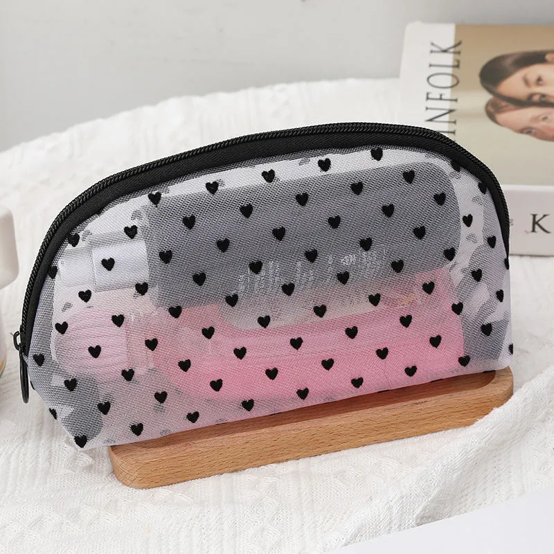 Flocking Pink Mesh Heart Portable Wash Cosmetic Bags