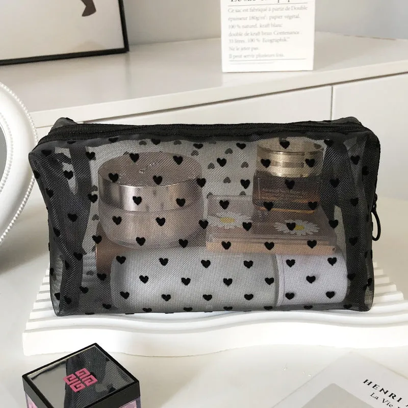 Flocking Pink Mesh Heart Portable Wash Cosmetic Bags