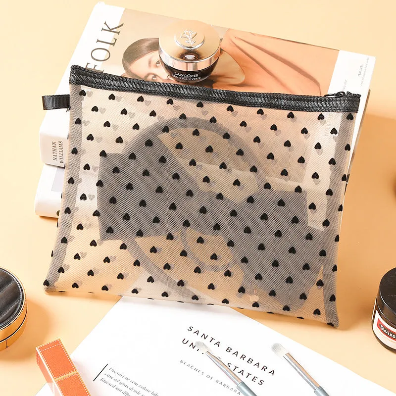 Flocking Pink Mesh Heart Portable Wash Cosmetic Bags