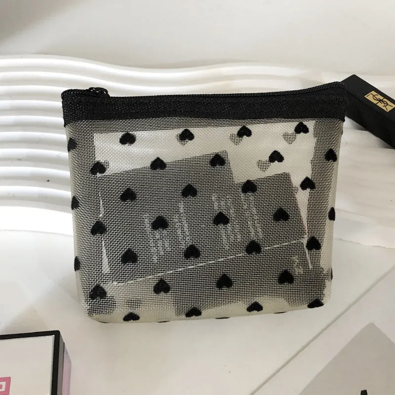 Flocking Pink Mesh Heart Portable Wash Cosmetic Bags