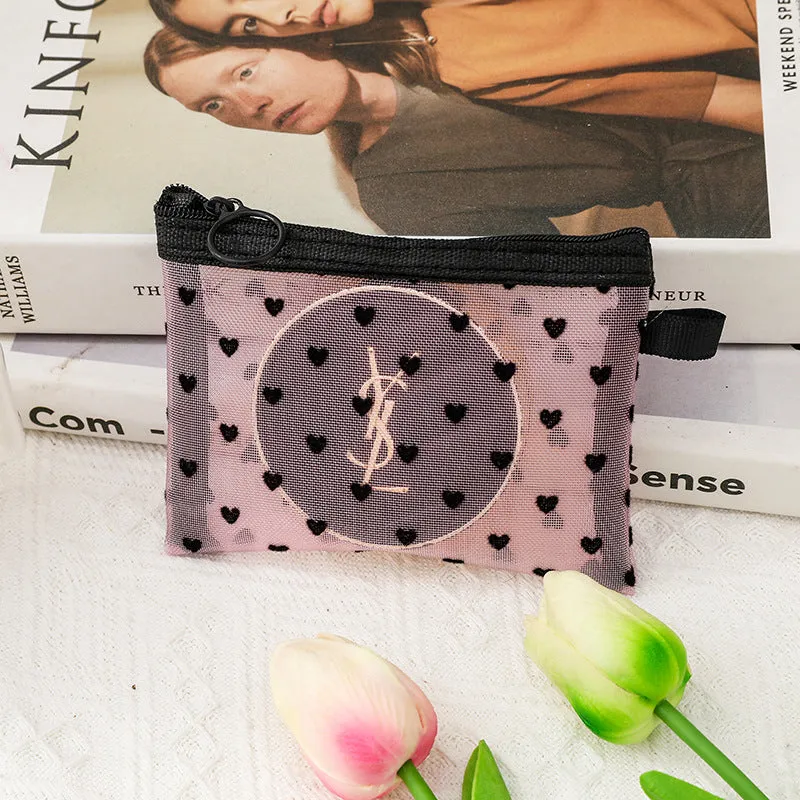 Flocking Pink Mesh Heart Portable Wash Cosmetic Bags