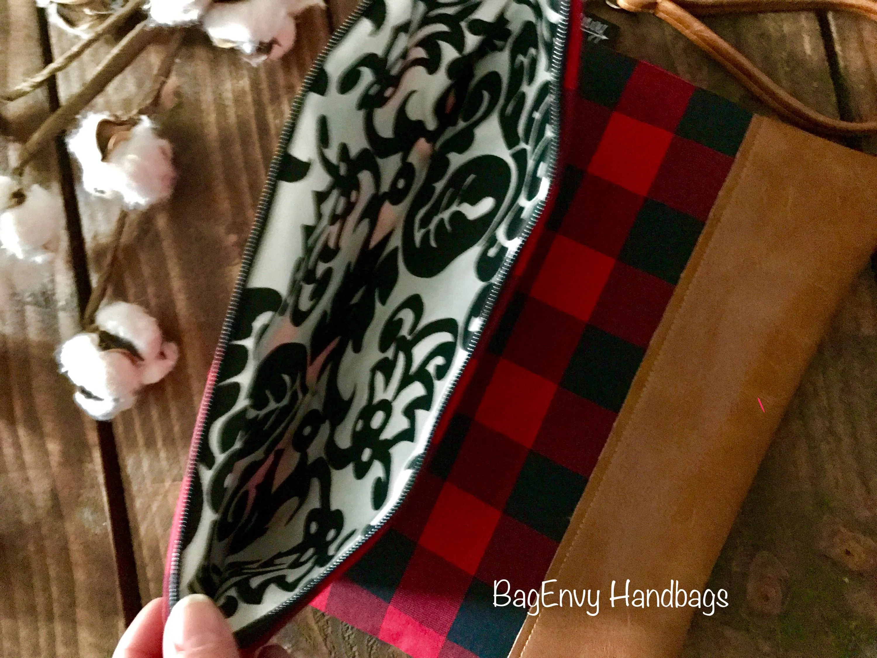 Fold Over Clutch - Buffalo Plaid with Vegan Leather - Detachable Wristlet