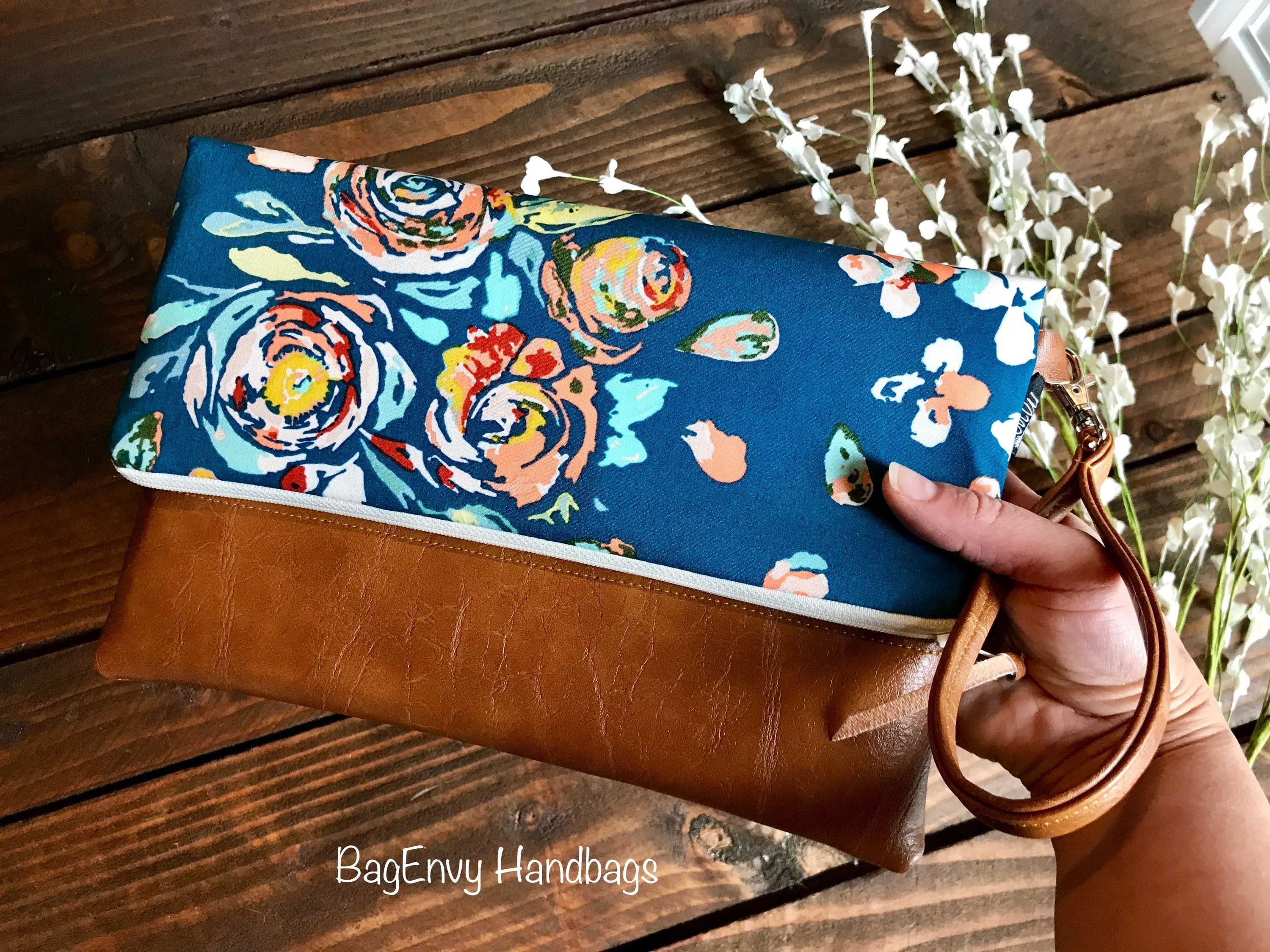 Fold Over Clutch - Teal Boho Floral with Vegan Leather - Detachable Wristlet