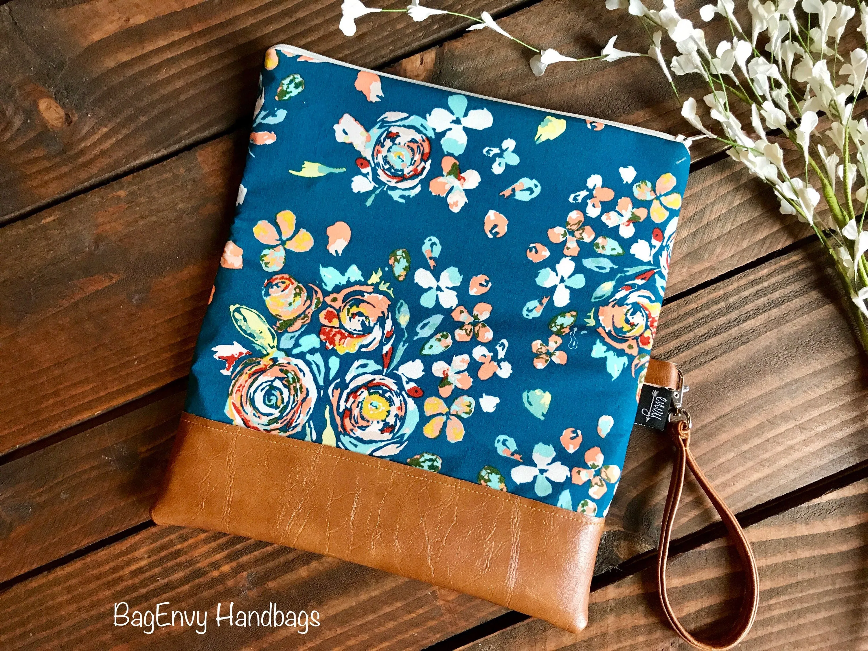 Fold Over Clutch - Teal Boho Floral with Vegan Leather - Detachable Wristlet