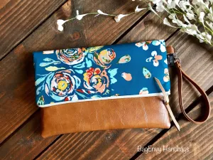 Fold Over Clutch - Teal Boho Floral with Vegan Leather - Detachable Wristlet