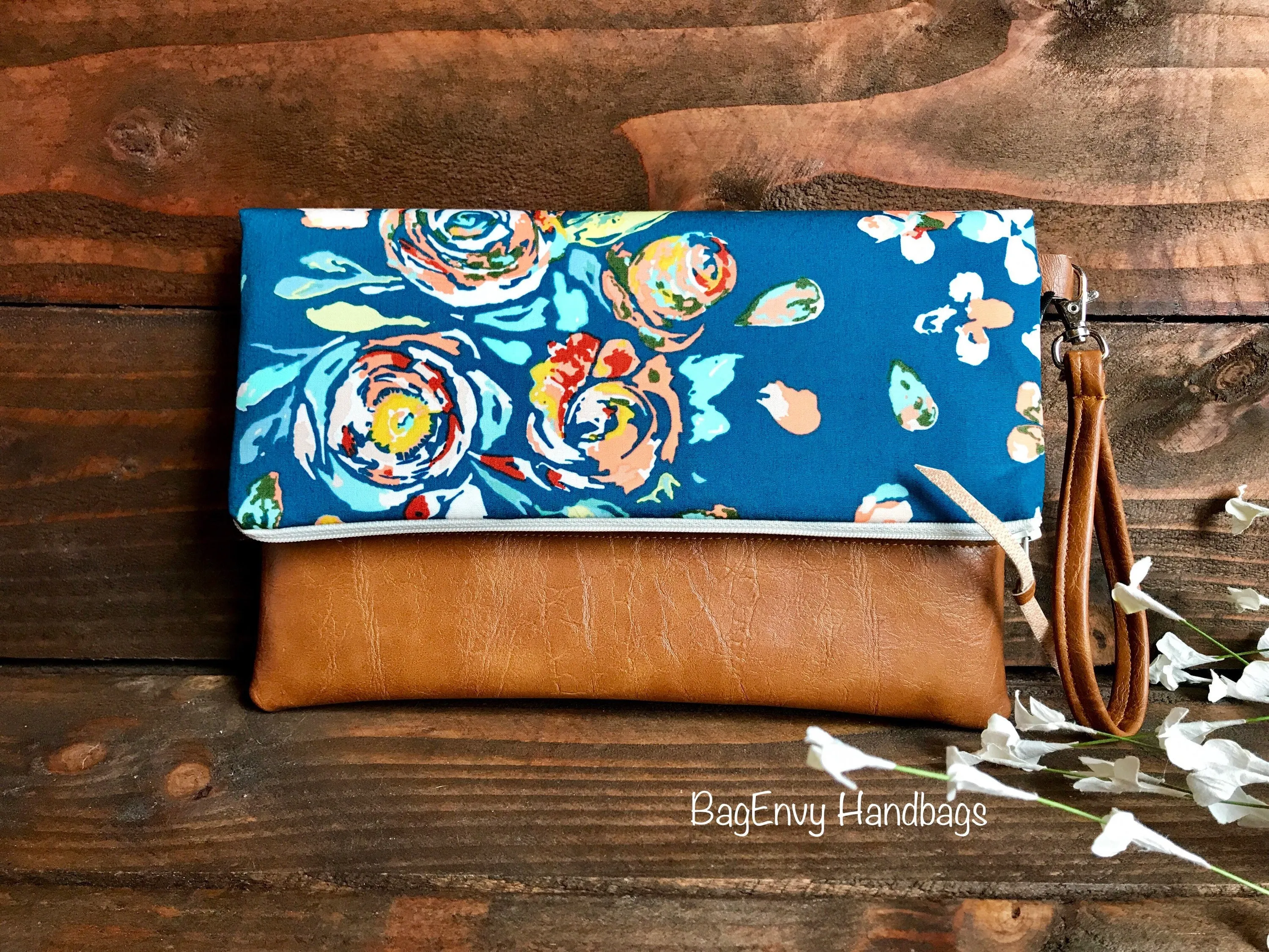 Fold Over Clutch - Teal Boho Floral with Vegan Leather - Detachable Wristlet