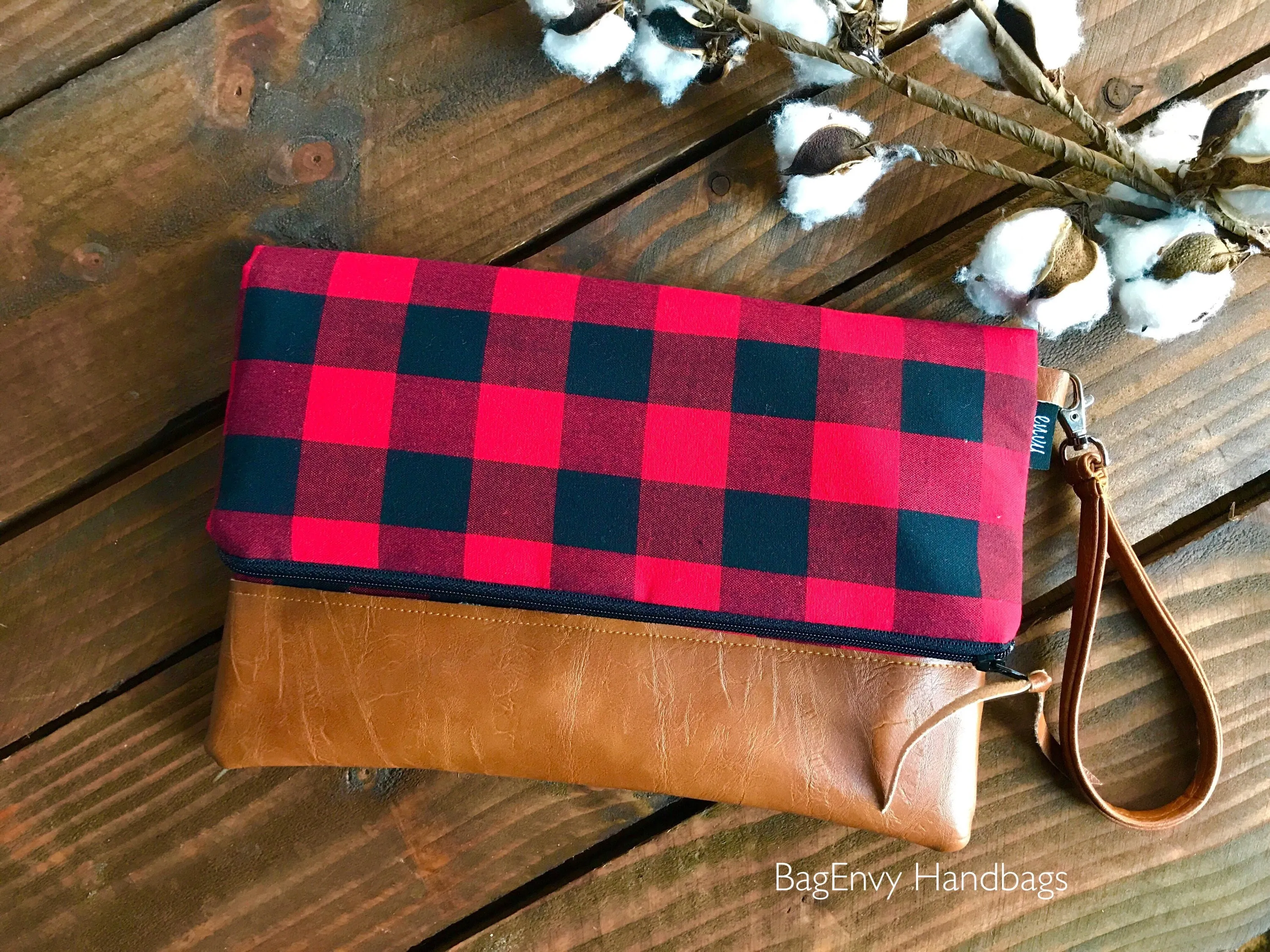 Fold Over Clutch - Teal Boho Floral with Vegan Leather - Detachable Wristlet
