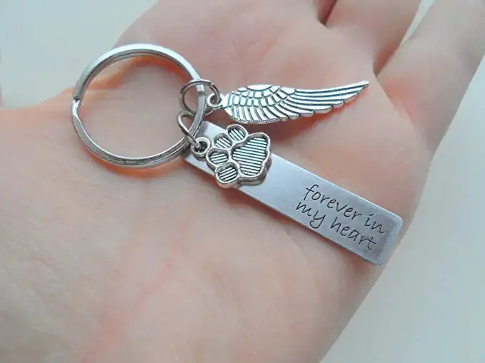 Forever in My Heart Engraved Steel Rectangle Tag Keychain with Paw & Wing Charm, Pet Memorial Keychain