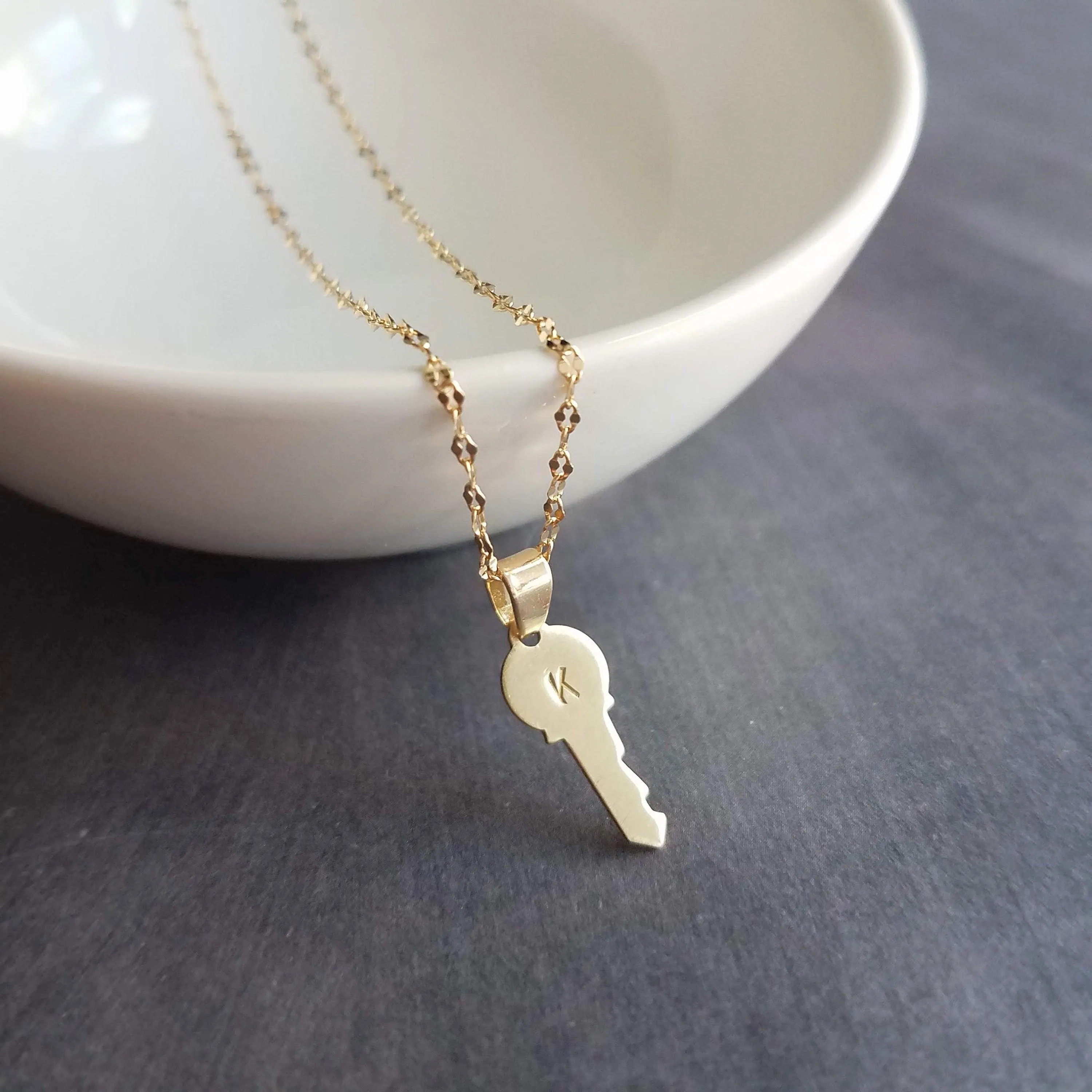 Gold Key Necklace, tiny key charm, letter charm, letter key pendant, initial key necklace, small key pendant, little gold key, personalized