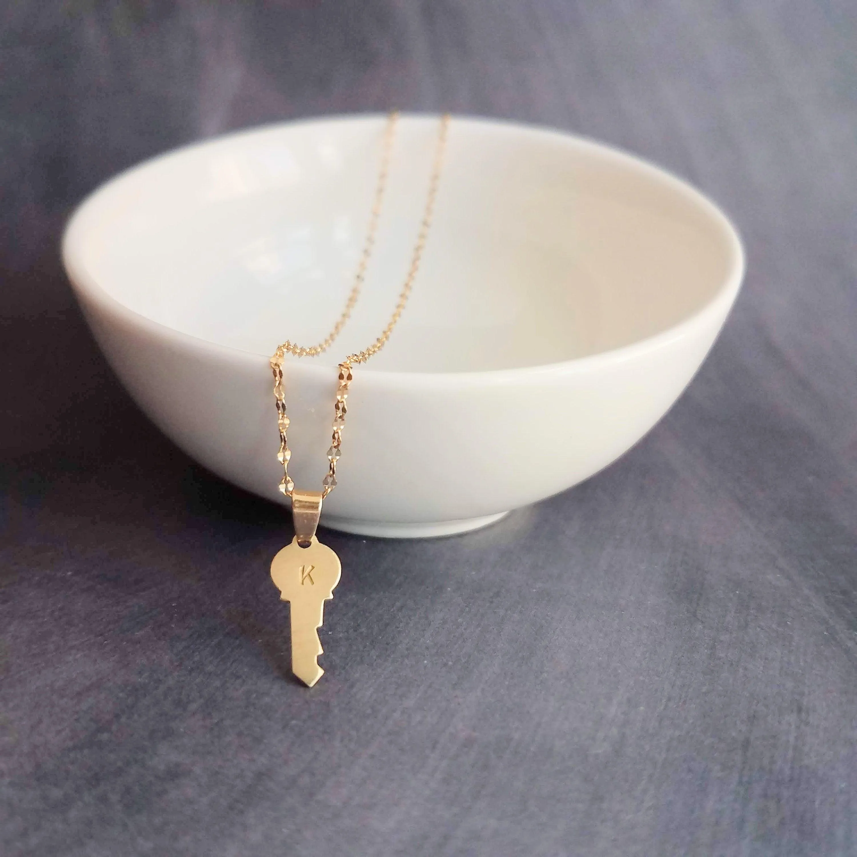 Gold Key Necklace, tiny key charm, letter charm, letter key pendant, initial key necklace, small key pendant, little gold key, personalized