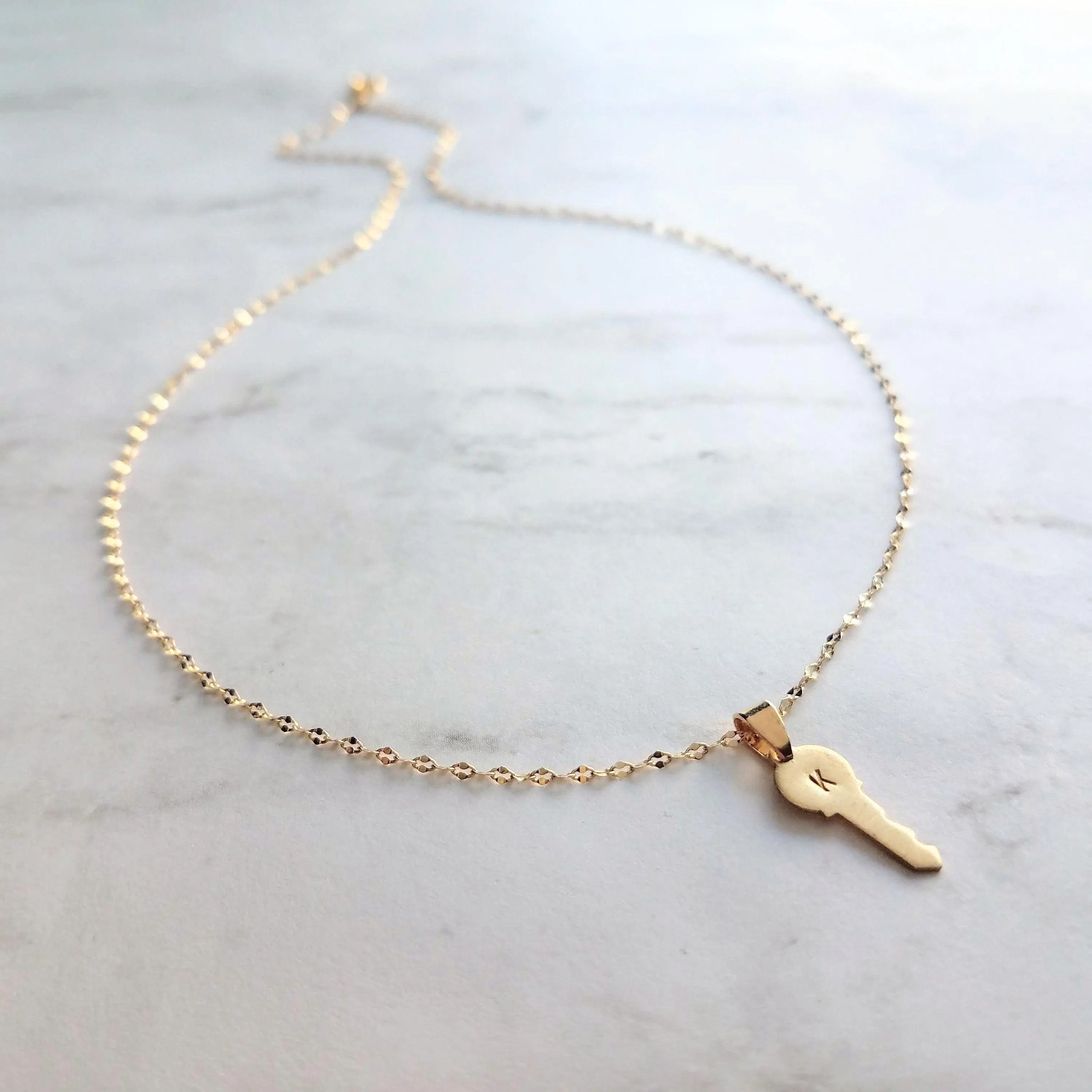 Gold Key Necklace, tiny key charm, letter charm, letter key pendant, initial key necklace, small key pendant, little gold key, personalized