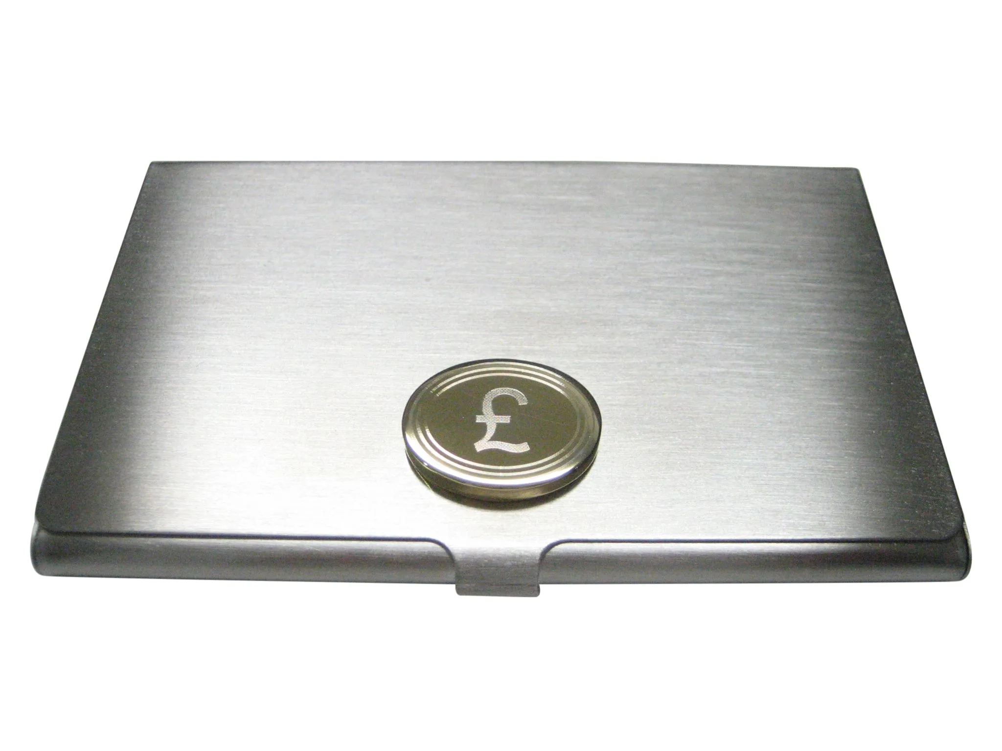 Gold Toned Etched Oval British Pound Sterling Currency Sign Pendant Business Card Holder