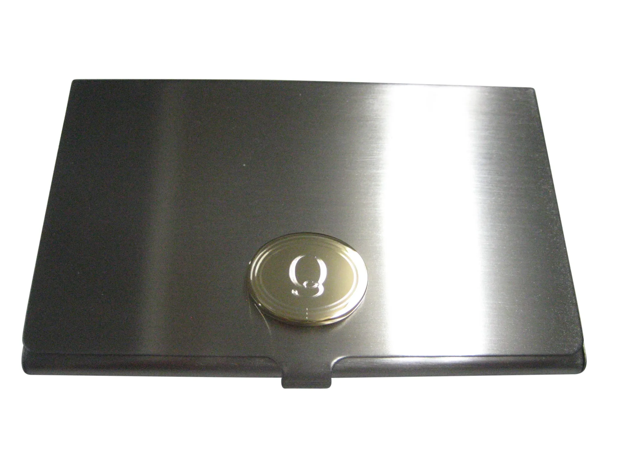 Gold Toned Etched Oval Letter Q Monogram Business Card Holder