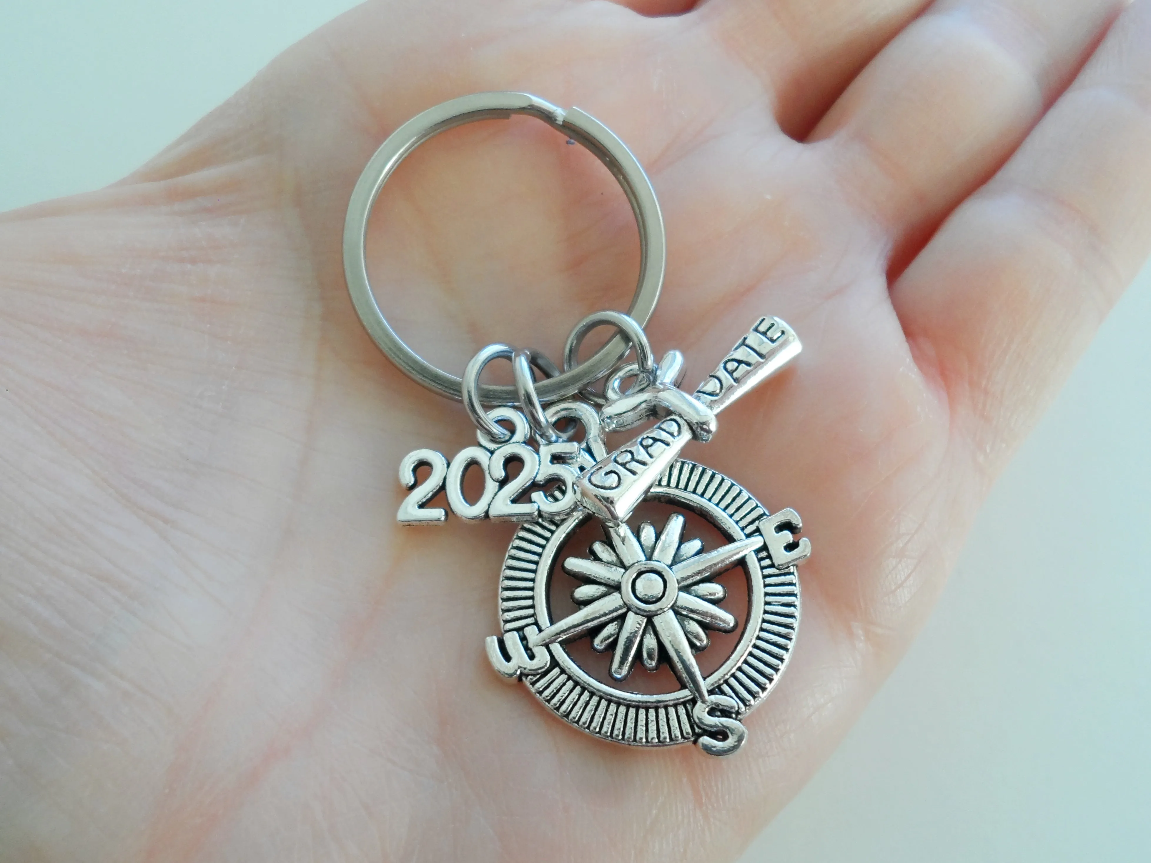 Graduate Compass Keychain with 2025 Charm and Graduate Scroll Charm, Graduation Keychain