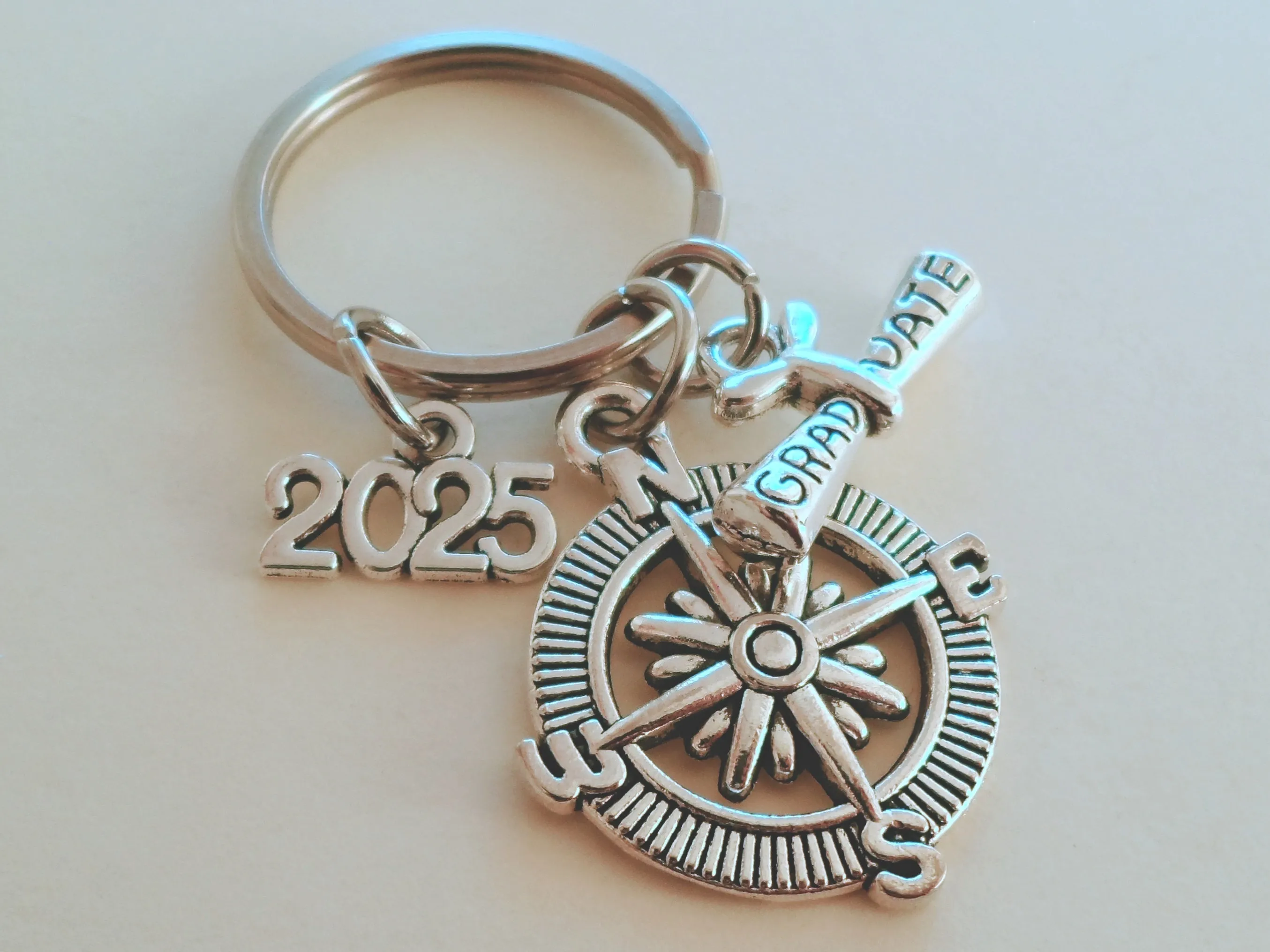 Graduate Compass Keychain with 2025 Charm and Graduate Scroll Charm, Graduation Keychain