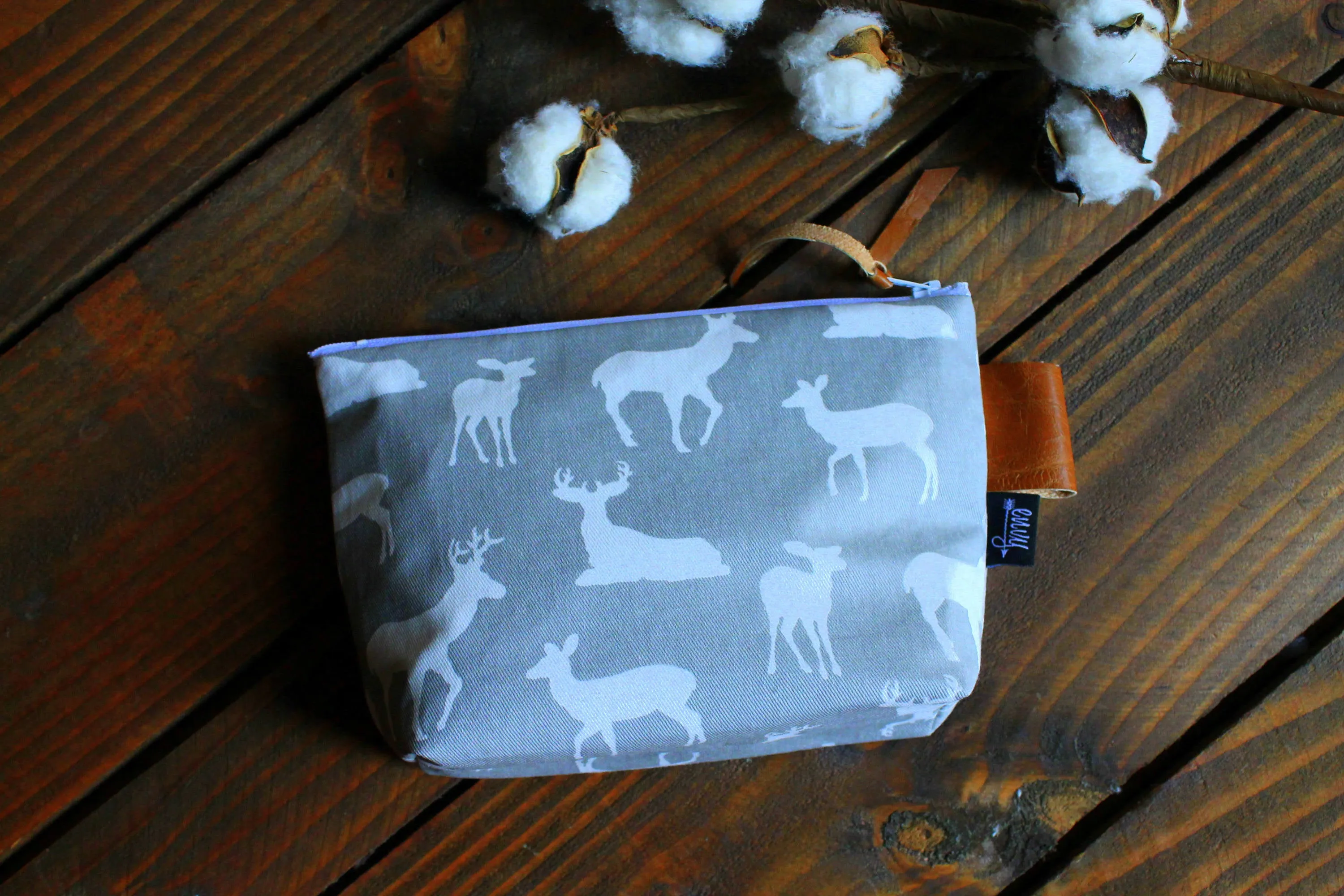 Grey Deer with Vegan Leather - Cosmetic Bag - Make Up Bag - Bridesmaid Gift