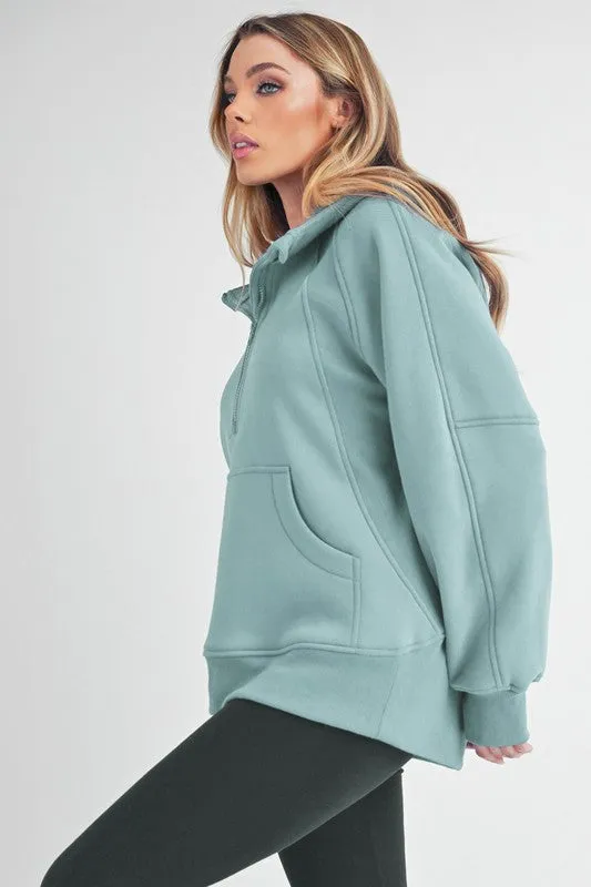 Half Zip Raglan Sleeve Sweatshirt with Kangaroo Pocket