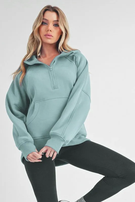 Half Zip Raglan Sleeve Sweatshirt with Kangaroo Pocket