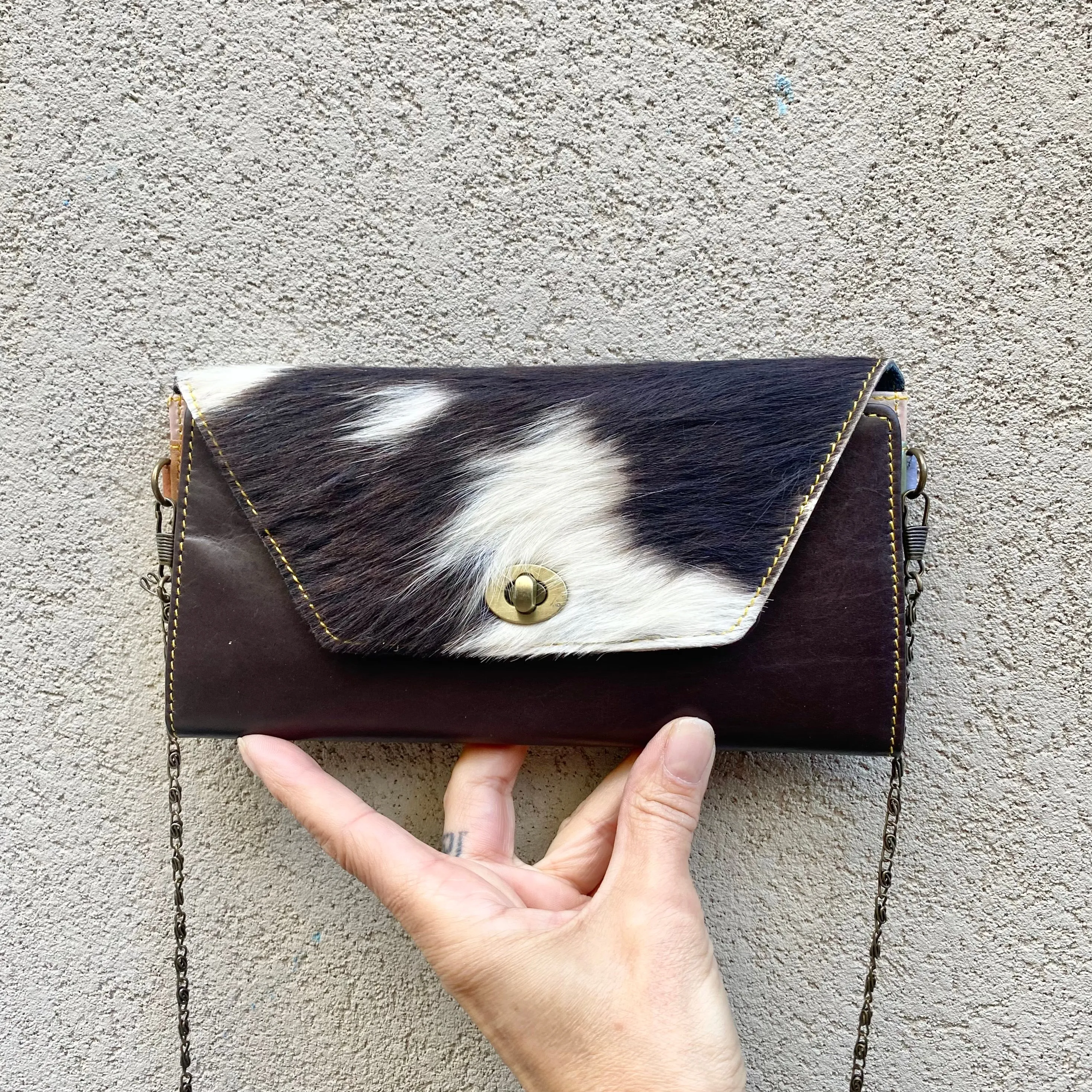 Harley Cowhide and Leather Crossbody Wallet Clutch - Black, White, Raisin Brown
